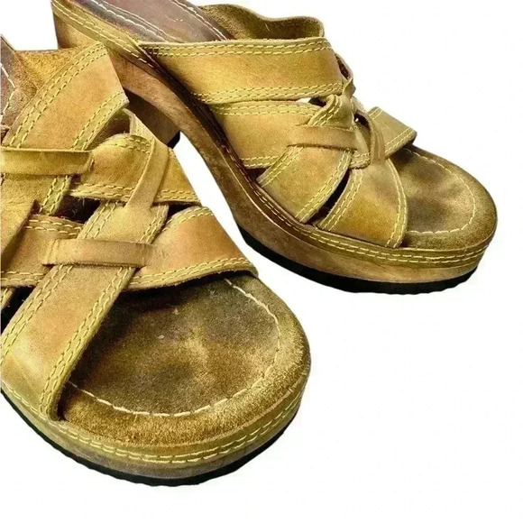 Vintage Candies Platform Sandals Sz 8.5 Brown Leather & Wood Heel Y2k Boho 90s - Picture 2 of 8